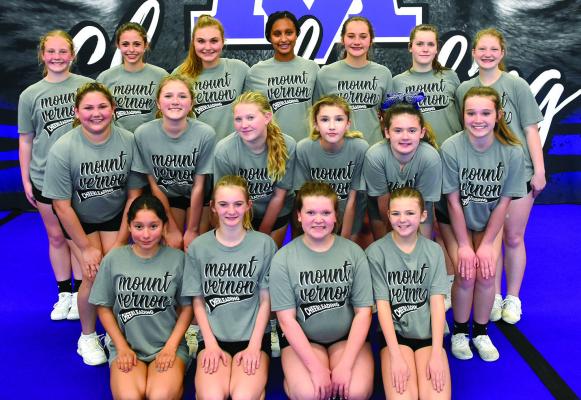 Eighteen of this year’s sixth and seventh grade students at Mount Vernon Middle School were selected to serve as the MVMS Cheer team for the 2023-24 school year. The names of team members released this week as they appear in the photo are front row: Scarlett Chiquito, Kaylin Moss, Kennedie Jones, Lahna Nance; middle row: Colbi Baze, Mia Wooten, Aspen Walker, Mia Robles, McKinleigh Keener, Katelyn Craver; and back row: Alyvia Miller, Makenna Grds, Adyson Rentfro, Arianna Lewis, Karin Higgs, Karsen Jeffcoat, 