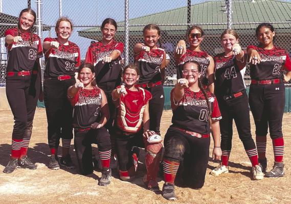 Winnsboro 12 and Under softball advances to the State tournament July 14-16 in East Montgomery County. Front from left are Traci Rogers, Kari Rogers and Madilyn Moss. Back from left are Jillian Burnett, Kristen Floyd, Avery Herlocker, Paizlee Swanner, Caily Wyatt and Mikah Sanchez. Coaches not pictured are Cindy Rogers, Stacy Rogers and Brett Burnett. Courtesy photo