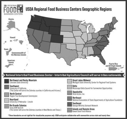 Map showing the boundaries of the 12 new USDA Regional Food Business Centers across the U.S. Image courtesy of USDA