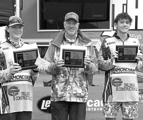 Porter South, left, with boat captain Brian South and teammate Leon Ackerman display awards for Saturday’s second-place finish for the THSBA tournament on Lake Bob Sandlin. Each angler received a $200 gift card and the pair will split a $1000 scholarship. Courtesy Photo