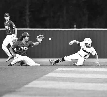 Mount Vernon shortstop Kam-Doss makes the play at second with Ryder-Bowers #10 as backup. Bottom-left, Third baseman Cade Monroe attempt to make the throw for an out at first. Bottom-middle, a Red Raider takes a strike at bat against. Photo by Trey Pope