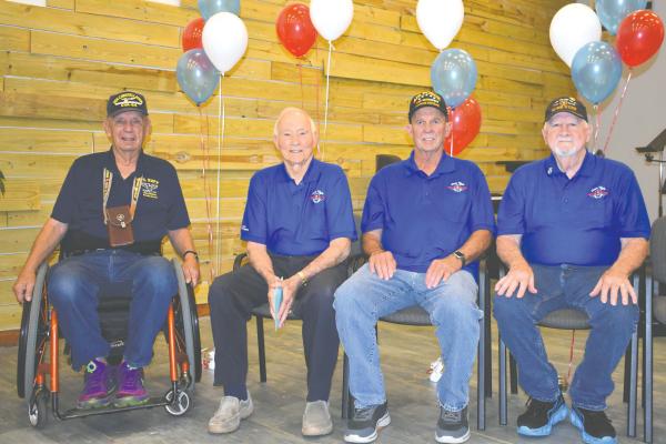 Five local men take to the skies with DFW’s Honor Flight 51. Attending the flight were E. Rider Briggs, Robert Kerr, Al Wilson, Jess Corrigan (not pictured) and James Chamber. Staff photo by Lillie Bush-Reves